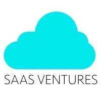 Minimalist logo for SAAS VENTURES, featuring a bright turquoise cloud icon above thin black uppercase lettering on a white background.